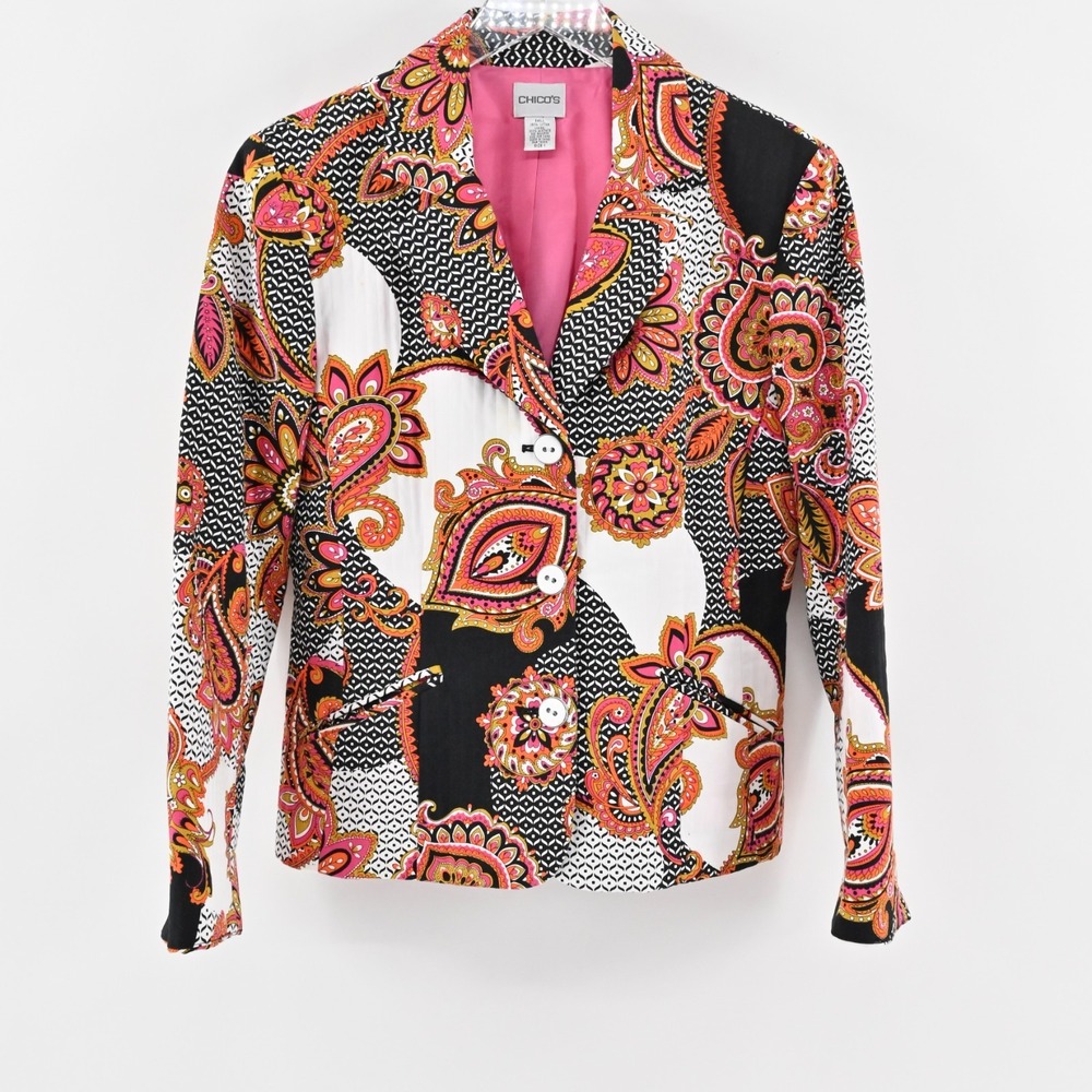CHICOS Womens Paisley Blazer Size‎ M Pink Single Breasted Maximalist Jacket Bold